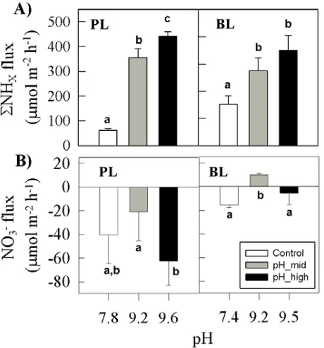 Figure 4. Experimental pH effects on total ammonium flux rates (A) and nitrate flux rates (B)
