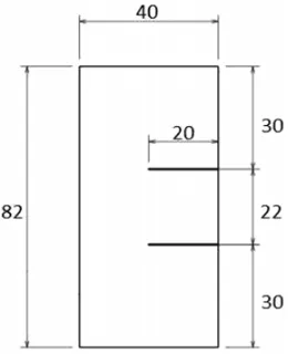 Figure 2. Dimensions of the 6mm-thick double notched Kalthoffand Winkler type plate used in the present work.