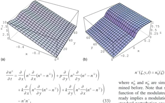 FIG. 2. Perturbed front profile for the vortex and antivortex  den-sity field. The fronts propagate in the x direction and have a  sinu-soidal modulation in the y direction.