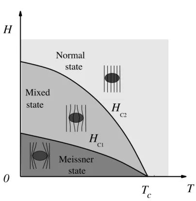 Figure 1.3: Mean-ﬁeld phase diagram for a type II superconductor. Below the critical ﬁeld H c1 (T ), the material in the Meissner-Ochsenfeld phase an external magnetic ﬁeld is totally expelled