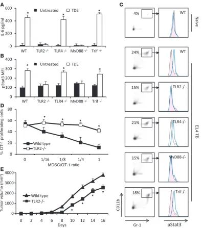 Figure 4IL-6–induced pStat3 expression in MDSCs is dependent on the TLR2/MyD88 pathway
