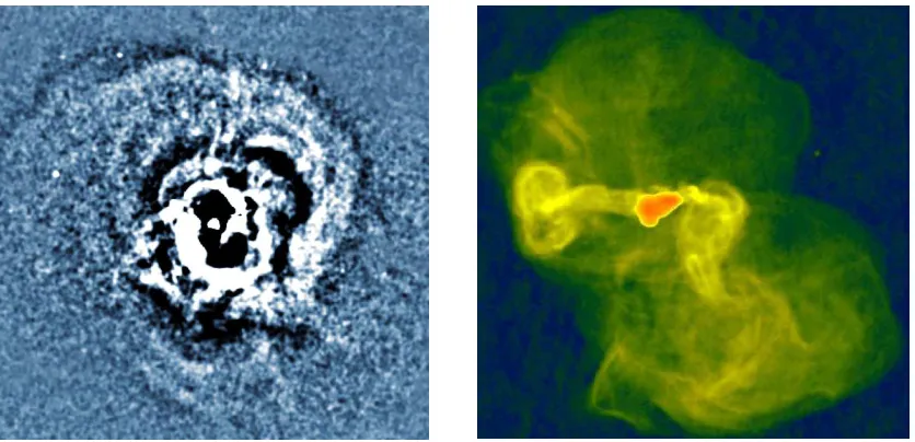 Figure 1.3: The left-hand panel shows an unsharp-masked image of the central region ofthe Perseus cluster, highlighting radio bubbles and a number of irregularitiesor ripples in the X–ray emission, probably caused by bubble expansion [Fabianet al., 2006].The right-hand panel is a radio image of the M87 galaxy inthe Virgo cluster, representing an extraordinary example of a jet-inﬂated radiobubble in the cluster core [Owen et al., 2000].
