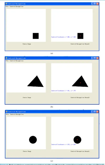 Figure 6. Rule workpiece centroid recognition results. (a) Rectangle centroid recognition results; (c) Triangle centroid recognition results; (c) Circular centroid recognition results
