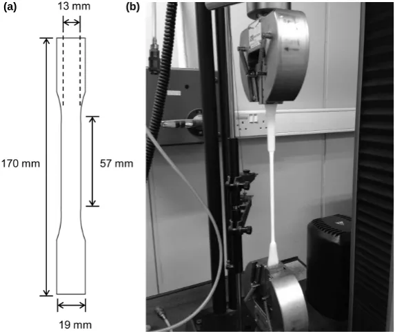 Figure 1. (a) Dimensions of the HDPE tensile bar. (b) Experimental setup for tensile tests and cold drawing of the specimens