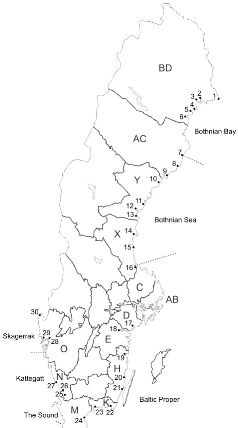 Fig. 1. Map of Sweden with the rivers denoted by numbers. Lettersdenote counties.