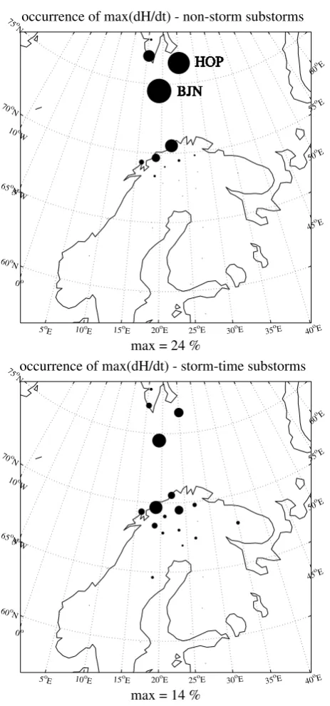 Fig. 9.Spatial occurrence distribution of the maximum site of during non-storm (upper panel) substorms and storm-time