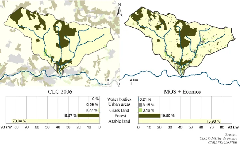 Fig. 1. Land use in the Orgeval basin in terms of forest, grassland and cropland. Urban areas are shaded grey