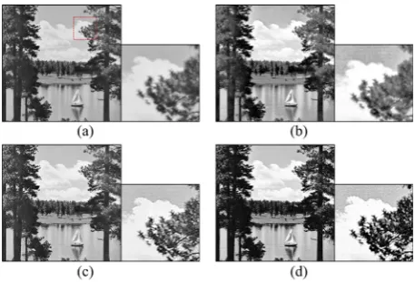 Figure 4. Results on the Lenna image. (a) Original image; (b) Results of histogram equalization; (c) Results of three-Gaussian function model; (d) Results of the proposed method (adaptive three-Gaussian function model)