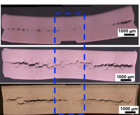 Figure 5. Optical micrographs of spalled high purity Cu,Cu-10%Ag and Cu-15%Nb respectively