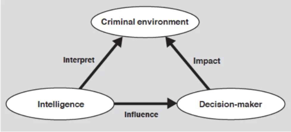 Figuur 2.3: Samenhang tussen intelligence, de beslisser en de omgeving   (bron: Ratcliffe, 2003:3) 