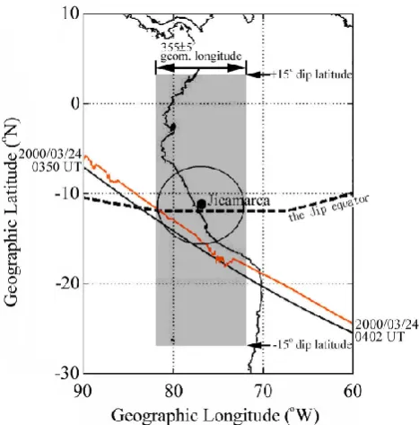 Fig. 1. The location of Jicamarca digisonde (black dot) and thearea for ROCSAT-1 data selection (shaded area)