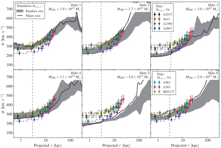 Figure 6. Stellar velocity dispersion along the line of sight as a function of projected radius for the six EAGLE clusters listed in Table 1