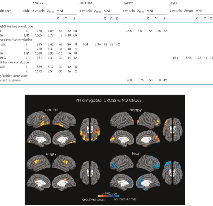Fig. 2. PPI analysis. Maps of increased connectivity between the amygdala and the rest of the cortex for NEUTRAL (top left), HAPPY (top right), ANGRY (bottom left) and FEAR (bottom right)