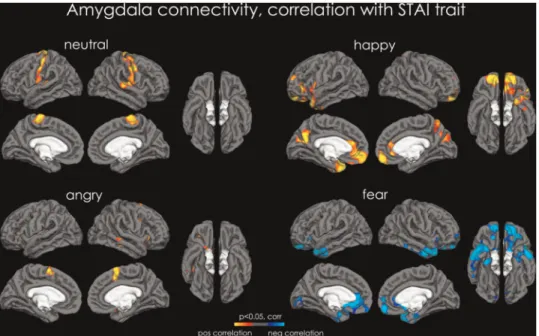 Fig. 4. PPI analysis—correlation with AQ. Maps of increased connectivity between the amygdala and the rest of the cortex correlated for trait anxiety level ANGRY (left) and FEAR (right)