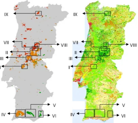 Fig. 1. Burnt areas in Continental Portugal in 2003 (orange pix-els), 2004 (green pixels) and 2005 (red pixels) as obtained by clus-ter analysis of NDVI anomalies over the year following each ﬁreseason (left panel)