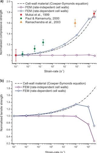 Figure 7. Predicted strain-rate sensitivity of the compressive (a)and tensile (b) strengths of Alporas foam for rate dependent andindependent material models alongside available compressiontest data [1,3,4]