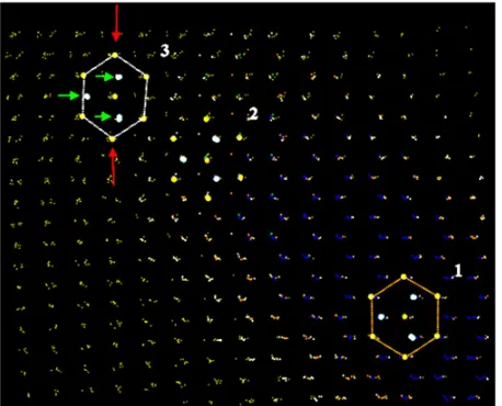 Figure 11. Fragment of the sample containing dislocations.Medium loading rate. ATA colors: blue – hcp structure, greenand red – boundaries between the hcp and the bcc structures andstacking faults in growing hcp grains