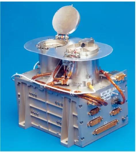 Fig. 3. Enhanced view of an emitter module. 1: pyrotechnic piston actuator, 2: protective cover, 3: clamp, 4: top ring with outer electrode, 5:microswitch, 6: isolator, 7: extractor electrode, 8: isolator, 9: ion emitter, 10: main housing, 11: thermal isolation, 12: electronics housing,13: printed circuit board.