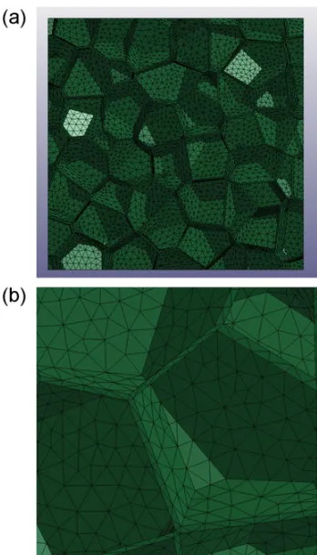 Figure 1. (a) 10 × 10 × 10 mm3 FEM model consists of ﬁrst-order tetrahedral solid elements and (b) its close-up view.