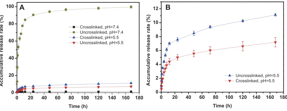 Figure 5 (A) Accumulative drug releases from the drug-eluting IOL with and without cross-linking under different pH conditions