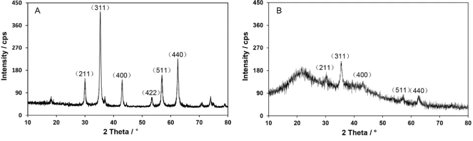 Figure 5 The XRD patterns of FNs (Abbreviations:A) and FNMs (B). XRD, X-ray diffraction; FNs, magnetic ferrite nanoclusters; FNMs, magnetic polymer microspheres.