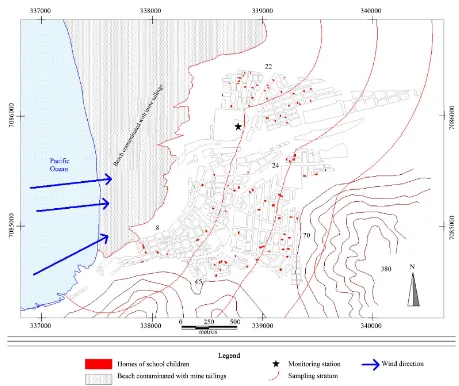 Figure 3. Dividing lines of the strata and location of households of schoolchildren participating and the monitoring station, Chañaral, Atacama Region, Chile 2012-2013