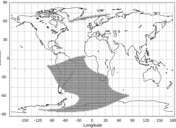 Fig. A1 The shaded areas indicate the stable trapped regions at 500 km for L shells less than 8.