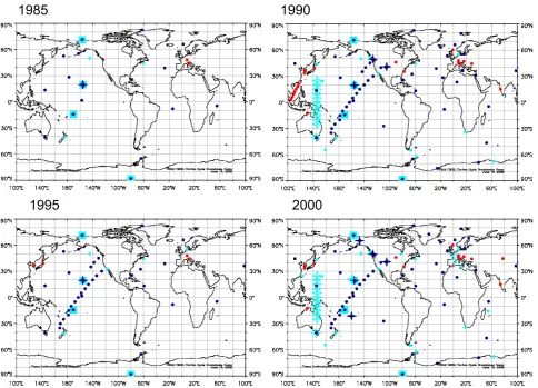 Fig. 2. Changes in the observational networks over time. The dark blue circles show the locations where ﬂask samples are routinely takenand the large light blue squares show the locations of CMDL observatories where high frequency measurements are also ava