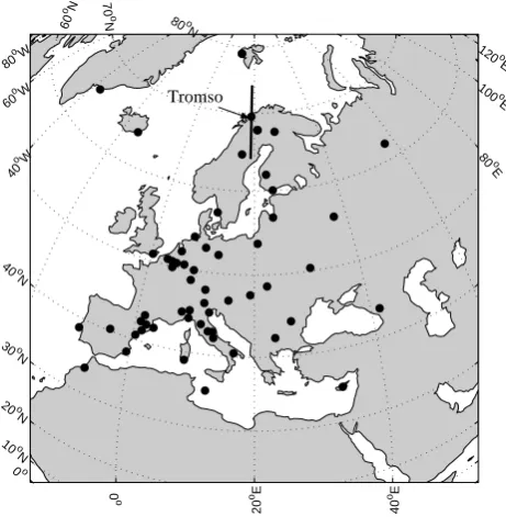 Fig. 1. Map showing locations of GPS receivers and EISCAT radar.The azimuth of the radar scan is shown passing through Tromsø.