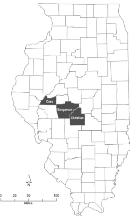 Figure 1. Map showing the location of the three Illinois counties in the study area. 