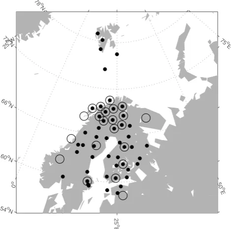 Fig. 1. Location of magnetometer sites used for the derivation of theoriginal source currents (black dots) and the location of sites usedfor the derivation of the currents used in the comparison (circles).Geographic coordinates are used.