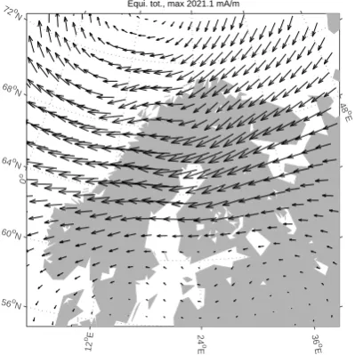 Fig. 9. Difference between the ionospheric equivalent currents de-termined from the total and external parts of the modeled magneticﬁeld