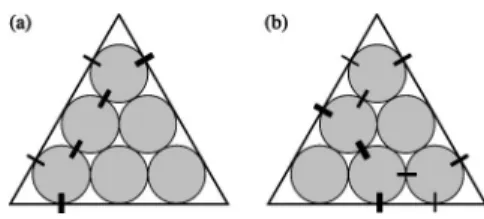 FIG. 9. Two different types of solutions of force equilibrium for six balls in a snooker triangle.