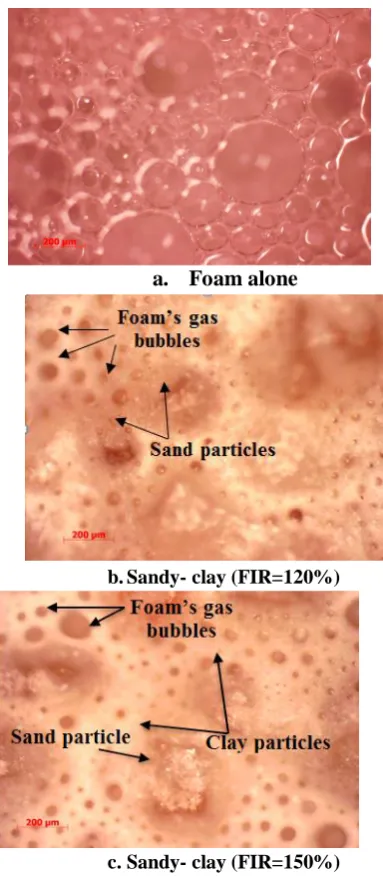 Fig. 2. Microscopic observations: effect of foam on Sandy-clay mixture To identify the effect of the foam on soil shear strength 