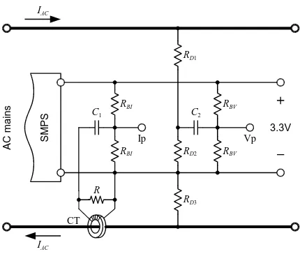 Fig. 3. Mains voltage and current waveform conditioning circuit for ADC conversion. Voltage measurement is made with a resistive divider while and current measurement is made with a current transformer clamp
