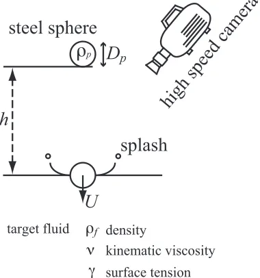 Fig. 1. A schematic drawing of the experimental apparatus. Astainless steel sphere is dropped onto a viscous liquid pool byfree fall