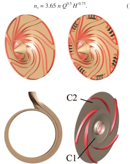 Figure 1. Impellers with thick trailing edges and with / without recirculation channels, spiral case and conventional impeller