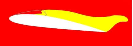 Figure 8  Contours of backflow (yellow), the backflow is developed and covers significant part of suction side of hydrofoil (t = 0.0522 s) 