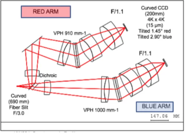 Figure 4. Optical design of the low resolution spectrographs. The two arm design covers the 380-100 nm range