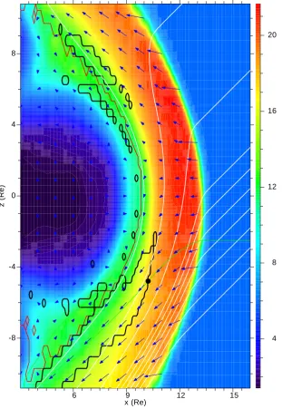 Fig. 13. The slow mode fronts in the magnetosheath in the GSE y=0 plane for Run 3 with tilted IMF