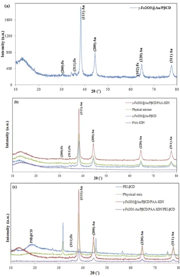 Figure 6 The XRD results of (PAA-SDN and (A) γ-Fe2O3@Au/PβCD, (B) γ-Fe2O3@Au/PβCD, PAA-SDN, γ-Fe2O3@Au/PβCD/PAA-SDN, physical mixture of γ-Fe2O3@Au/PβCD andC) γ-Fe2O3@Au/PβCD/PAA-SDN/PEI-βCD, γ-Fe2O3@Au/PβCD/PAA-SDN, PEI-βCD and physical mixture.