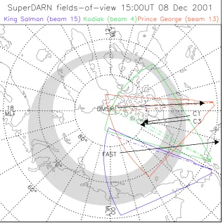Fig. 2. The ﬁelds-of-view of the Northern Hemisphere SuperDARN radars employed in this study, presented in a MLT/magnetic latitudecoordinate system at 15:00 UT on 8 December 2001