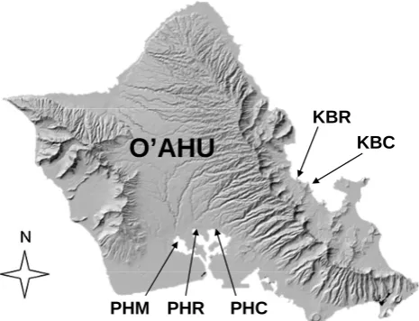 Fig. 1.  Location of the 5 sampling sites on the island of O’ahu,Hawaii.           Figure 1 