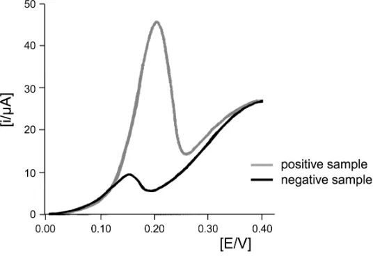 Figure 3. Cyclic voltammograms obtained for the detection of anti-dea- midated gliadin peptides antibodies in a positive and a negative serum sample (adapted from [11])