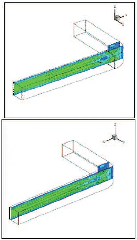 Fig. 4. The geometry of 3D domain with pressure contours.