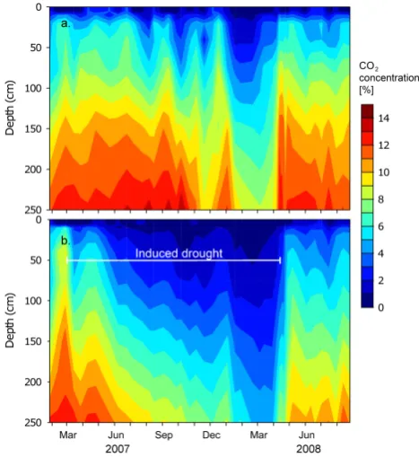 Fig. 6. Isopleths of average soil CO2 concentrations (percent) in thesoil proﬁle of (a) control plots and (b) roof plots in soil air through-out the drought experiment.