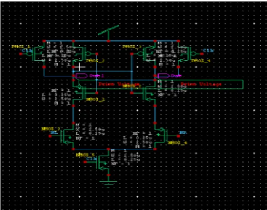 Fig. 1. Schematic diagram of the conservative dynamic comparator. During the reset phase when CLK = 0 and Mtail is off, reset transistors (M7–M8) tug both output nodes Outn and Outp to VDD to define a start condition and to have 