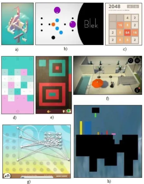 Fig.2. Fragments of the games: a) Monument Valley; b) Blek; c) 2048; d) Harmony; e) KAMI; f) Hitman GO; g) 
