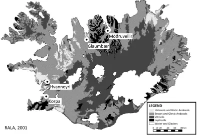 Fig. 1. A simpliﬁed soil map of Iceland with sampling locations (Modiﬁed from Arnalds and Gretarsson, 2001).