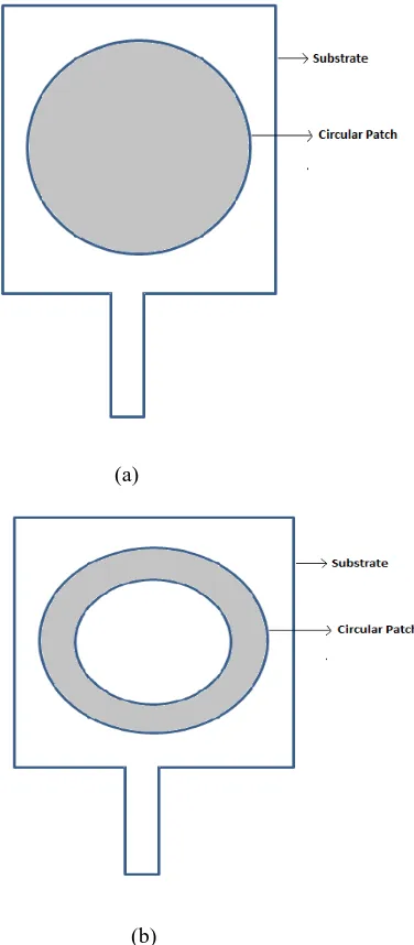 Figure 1: Structure of circular patch antenna (a) Simple circular patch antenna (b) circularly etched patch antenna 